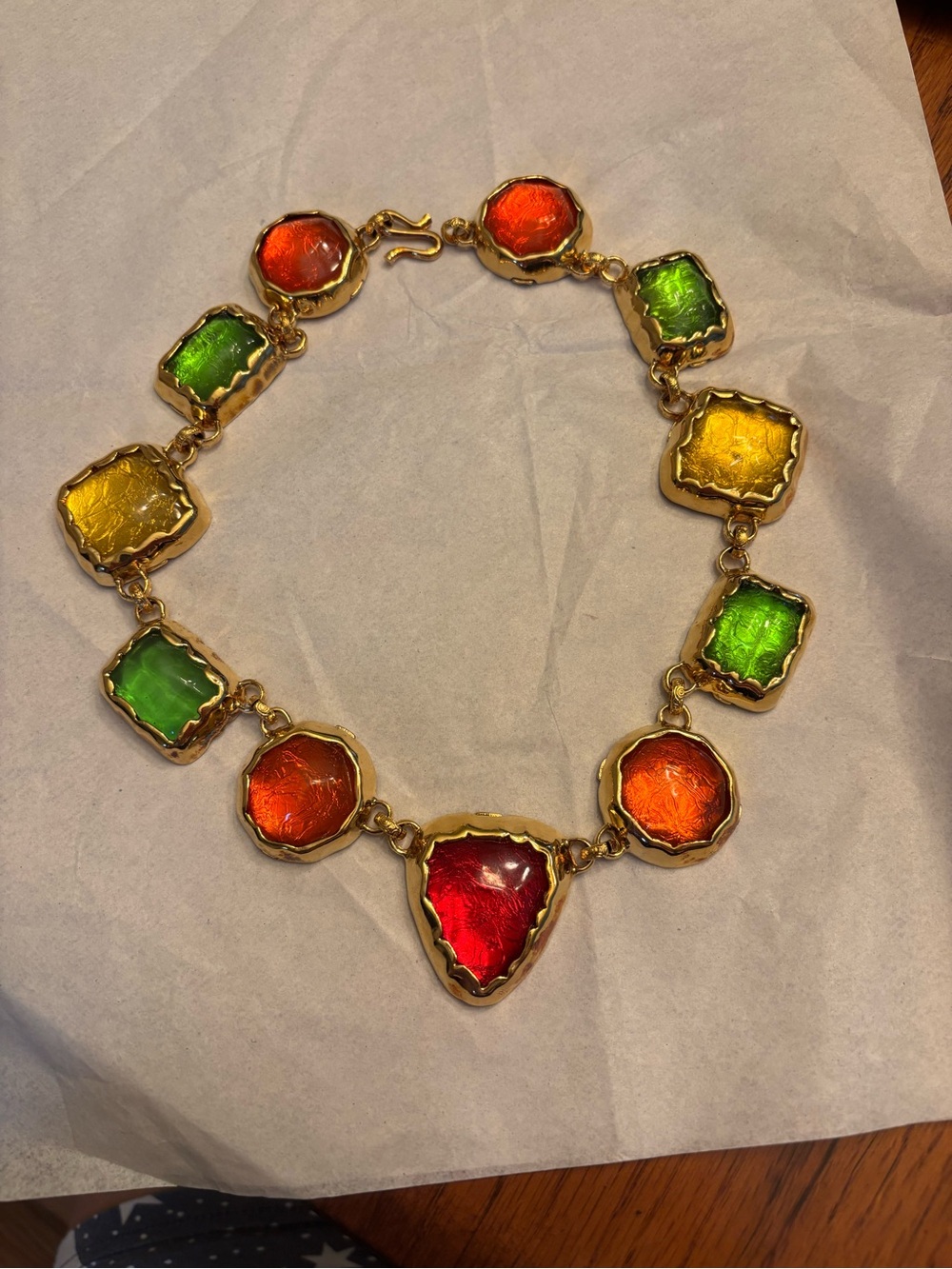 Gold-Tone Multicolor Statement Necklace with Red, Orange, Yellow, Green Stones